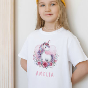 Magische Eenhoorn Waterverf Bloemen Hart Roze T-shirt