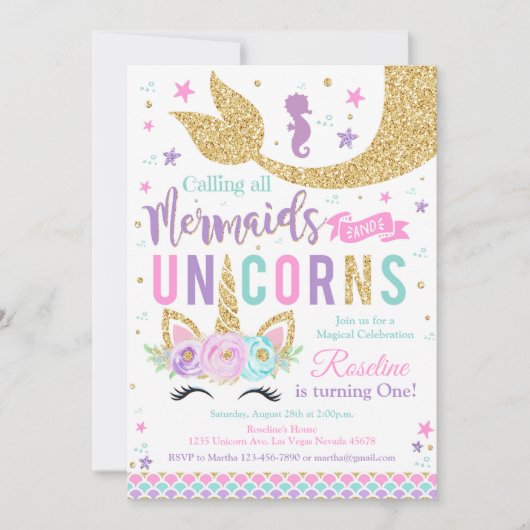 Magische Eenhoorn Zeemeermin Verjaardag Uitnodigin Kaart (Voorkant)