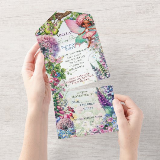 Magische Fairy Forest Eerste Verjaardagsfeest All In One Uitnodiging (Afscheurbaar)