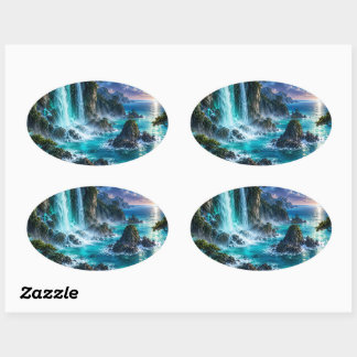 Magische Fantasie Waterval aan de Oceaan Kust Onde Ovale Sticker