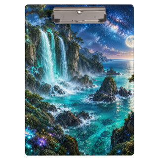 Magische Fantasie Waterval aan Oceaan Kust Onder M Klembord