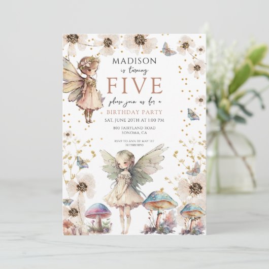 Magische feeën 5e verjaardag feestuitnodiging kaart (Staand voorkant)