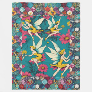 Magische feeën en bloemenzeshoek patchwork fleece deken
