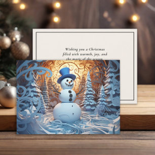 Magische Festieve Sneeuwman Besneeuwd Bos Kerstmis Feestdagenkaart