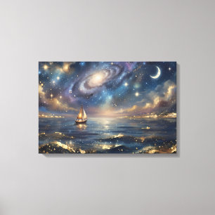 Magische Galaxy Zeilboot Opgespannen Canvas - Drom Afdruk