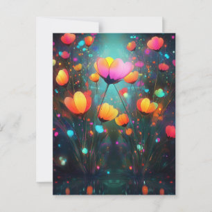 Magische gloeiende wilde bloemen regenboog op blau briefkaart