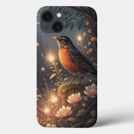 Magische Glowing Robin Vogel en bloemen iPhone 13 Hoesje