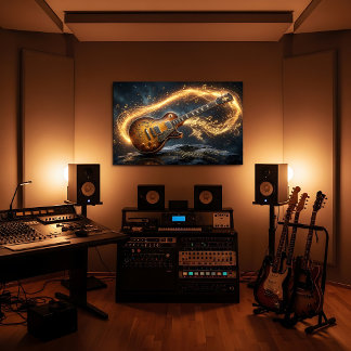 Magische Gouden Gitaar Fantasie Muzieknoten Canvas Afdruk