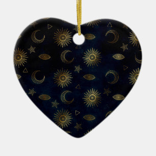 Magische gouden maan zon sterkt donkerblauw patroo keramisch ornament