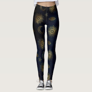 Magische gouden maan zon sterkt donkerblauw patroo leggings