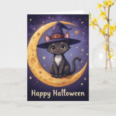 Magische Halloween Black Cat Witch Pet en maanlich Kaart (Gele Bloem)