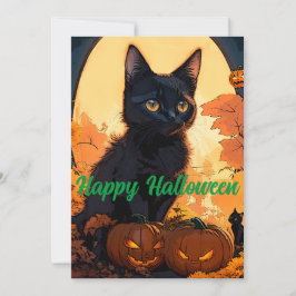Magische Halloween Zwart Kat & Pompoenen Feestdagenkaart