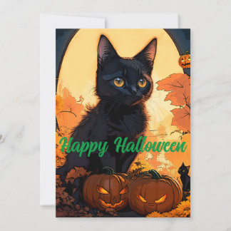 Magische Halloween Zwart Kat & Pompoenen Feestdagenkaart