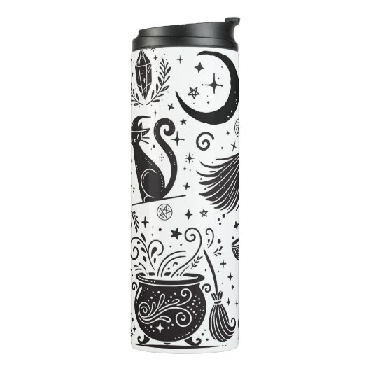 Magische heks grillige wiccan heidens zwart en wit thermosbeker (Gedraaid links)