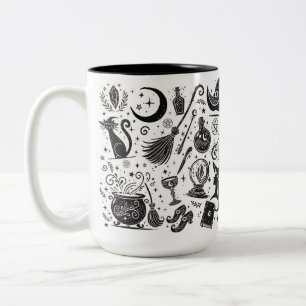 Magische Heks Whimsical Wicca Pagan Zwart & Wit Tweekleurige Koffiemok