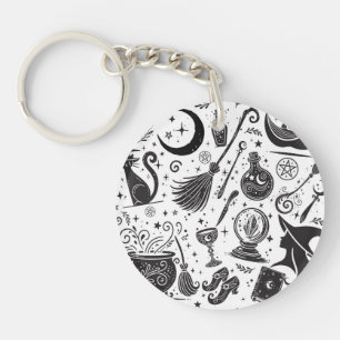 Magische Heks Whimsical Wiccan Heidense Zwart Wit Sleutelhanger
