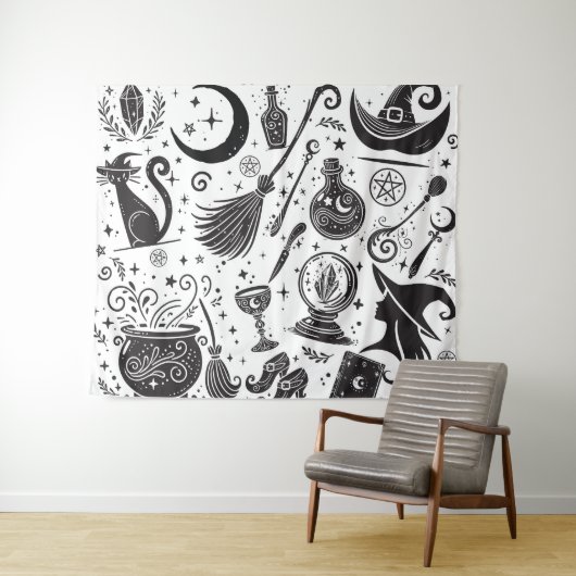 Magische heks Whimsical Wiccan Pagan Wandkleed (In Situ (horizontaal))