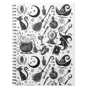 Magische Heks Whimsical Wiccan Pagan Zwart & Wit Notitieboek