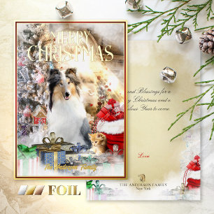 Magische huisdieren Kerstmis, Blue Merle Collie & Folie Feestdagenkaart