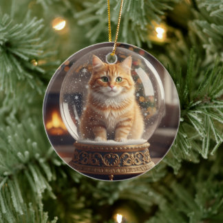 Magische Kat in Sneeuwbol Kerstversiering Keramisch Ornament