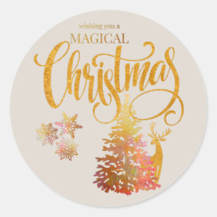 Magische Kerst Gouden Boom & Rendier Champagne Ronde Sticker