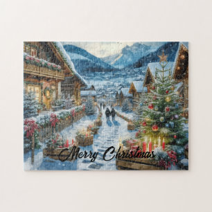 Magische kerstavond in een besneeuwd dorp legpuzzel