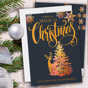 Magische Kerstboom en Hert Goud en Blauw Feestdagenkaart