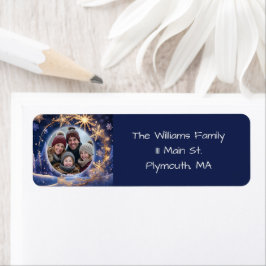 Magische kersttijd - gouden sneeuwvlokken, foto etiket