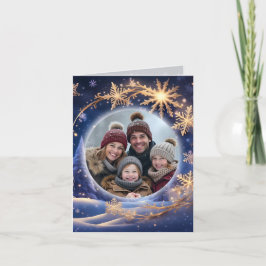 Magische kersttijd - gouden sneeuwvlokken, foto feestdagen kaart