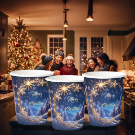 Magische kersttijd - gouden sneeuwvlokken, foto papieren bekers