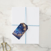 Magische kersttijd - gouden sneeuwvlokken op blauw cadeaulabel (Met Touw)