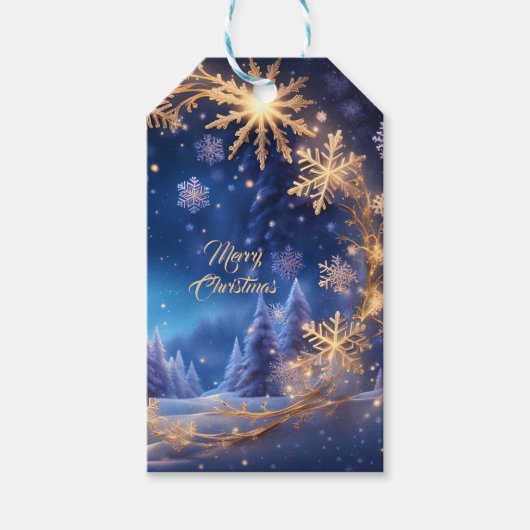 Magische kersttijd - gouden sneeuwvlokken op blauw cadeaulabel (Voorkant)