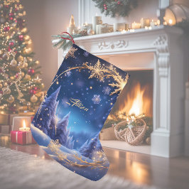 Magische kersttijd - gouden sneeuwvlokken op blauw kleine kerstsok