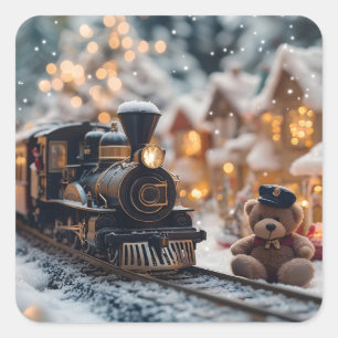 Magische kersttrein met teddybeer vierkante sticker