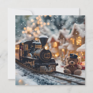Magische Kersttrein Scene met Teddydbeer Feestdagenkaart