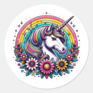 Magische kleurrijke eenhoorn en regenboog ronde sticker