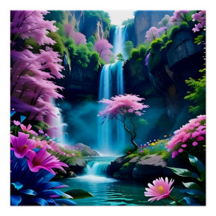 Magische Landschap Waterval en Bloem Een Perfect Poster