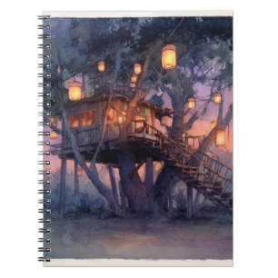 Magische lantaarn-verlichte boomhut illustratie notitieboek