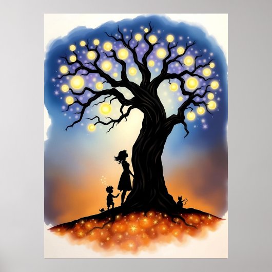 Magische lichtboom met silhouetten poster (Voorkant)