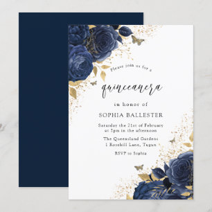 Magische marine Indigo Blue Rozen & Gold Quinceane Kaart