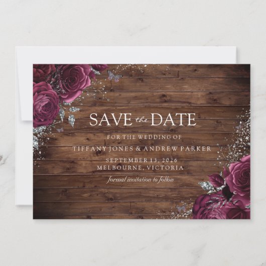 Magische maroon Rozen Rustic Wedding Save The Date (Voorkant)