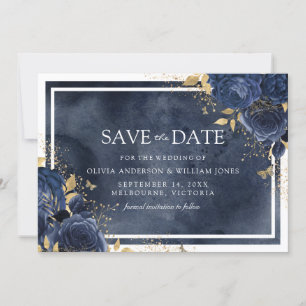 Magische Navy Bloemige Waterverf Gouden Bruiloft Save The Date