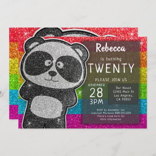 Magische Panda Verjaardag Zwart en Wit Glitters Kaart (Voorkant / Achterkant)