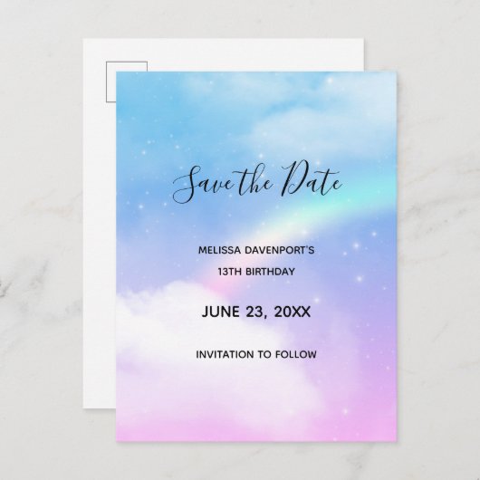 Magische pastwolken en regenboog bewaren de datum uitnodiging briefkaart (Voorkant / Achterkant)