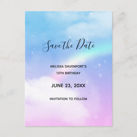 Magische pastwolken en regenboog bewaren de datum uitnodiging briefkaart (Voorkant)