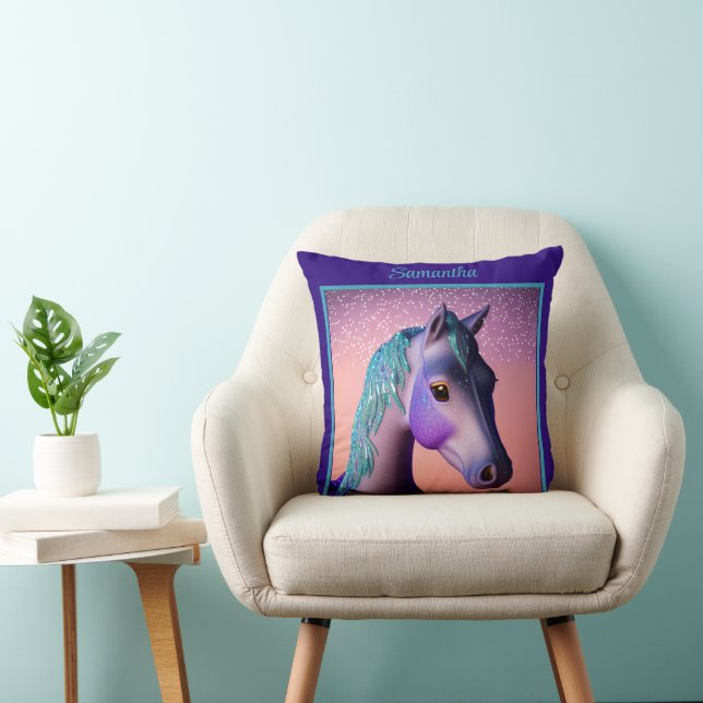 Magische Pony in Paars en Blauwgroen met de Naam v Kussen (Stoel)