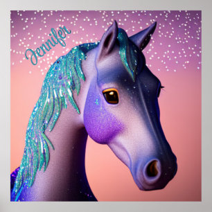 Magische Pony in Paars en Blauwgroen met de Naam v Poster