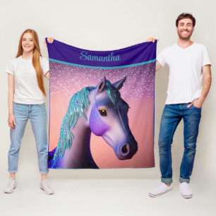 Magische pony in paars en turquoise met eigen naam fleece deken