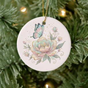 Magische Roos en Vlinder Pastelkleuren Keramisch Ornament