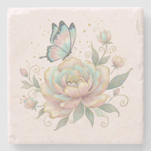 Magische Roos en Vlinder Pastelkleuren Stenen Onderzetter